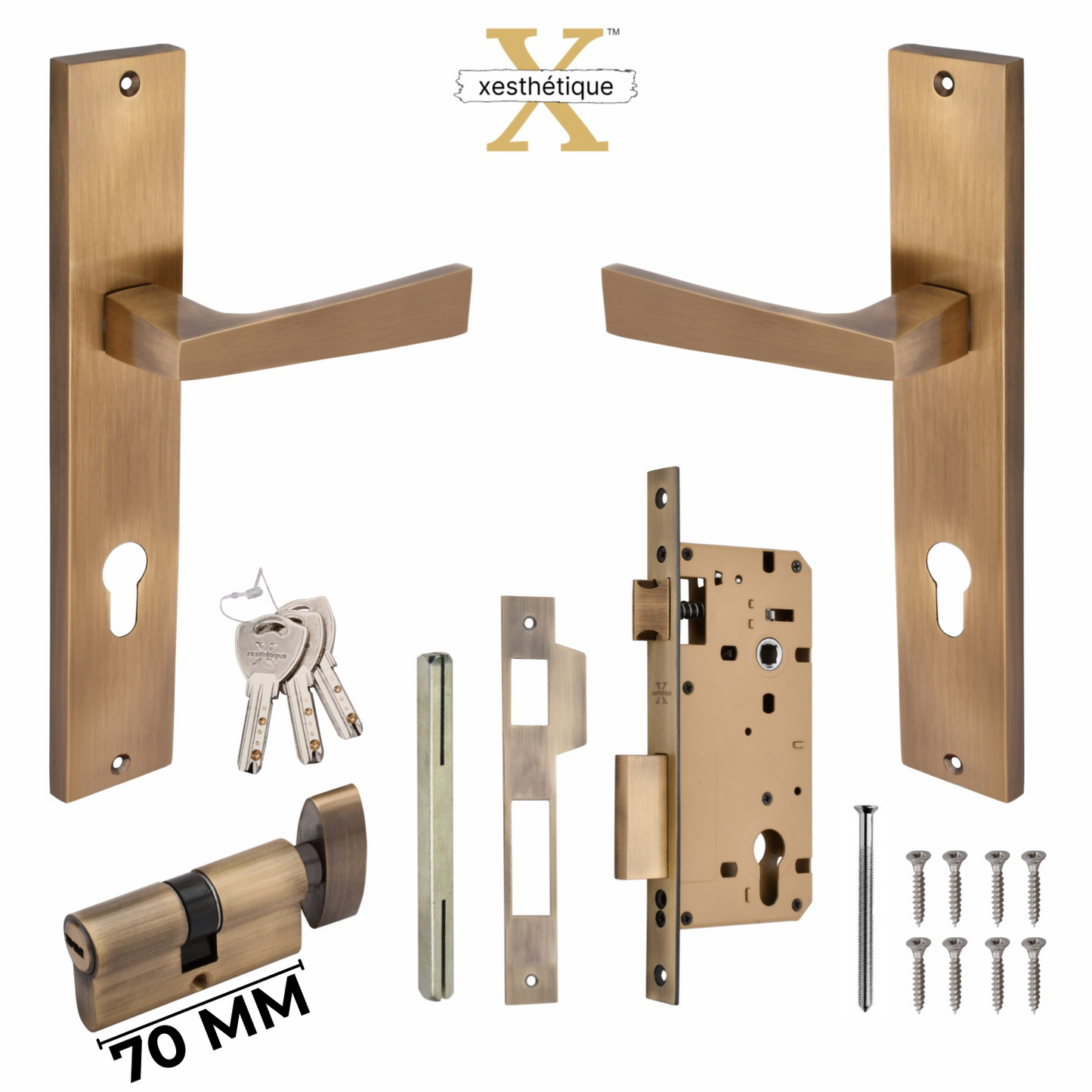 Xesthetique Premium Brass Mortise Door Lock Set – 10" Handle with Secure One Side Nobe Ultra Key 70MM/90MM Pin Cylinder EZRA118