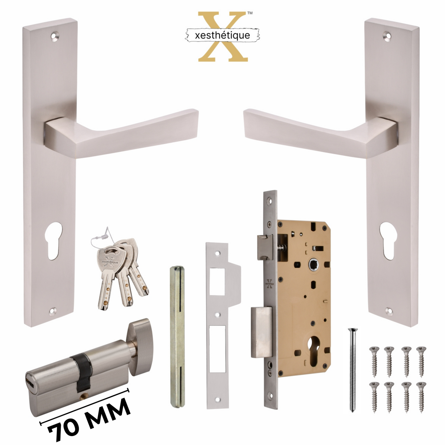 Xesthetique Premium Brass Mortise Door Lock Set – 10" Handle with Secure One Side Nobe Ultra Key 70MM/90MM Pin Cylinder EZRA120