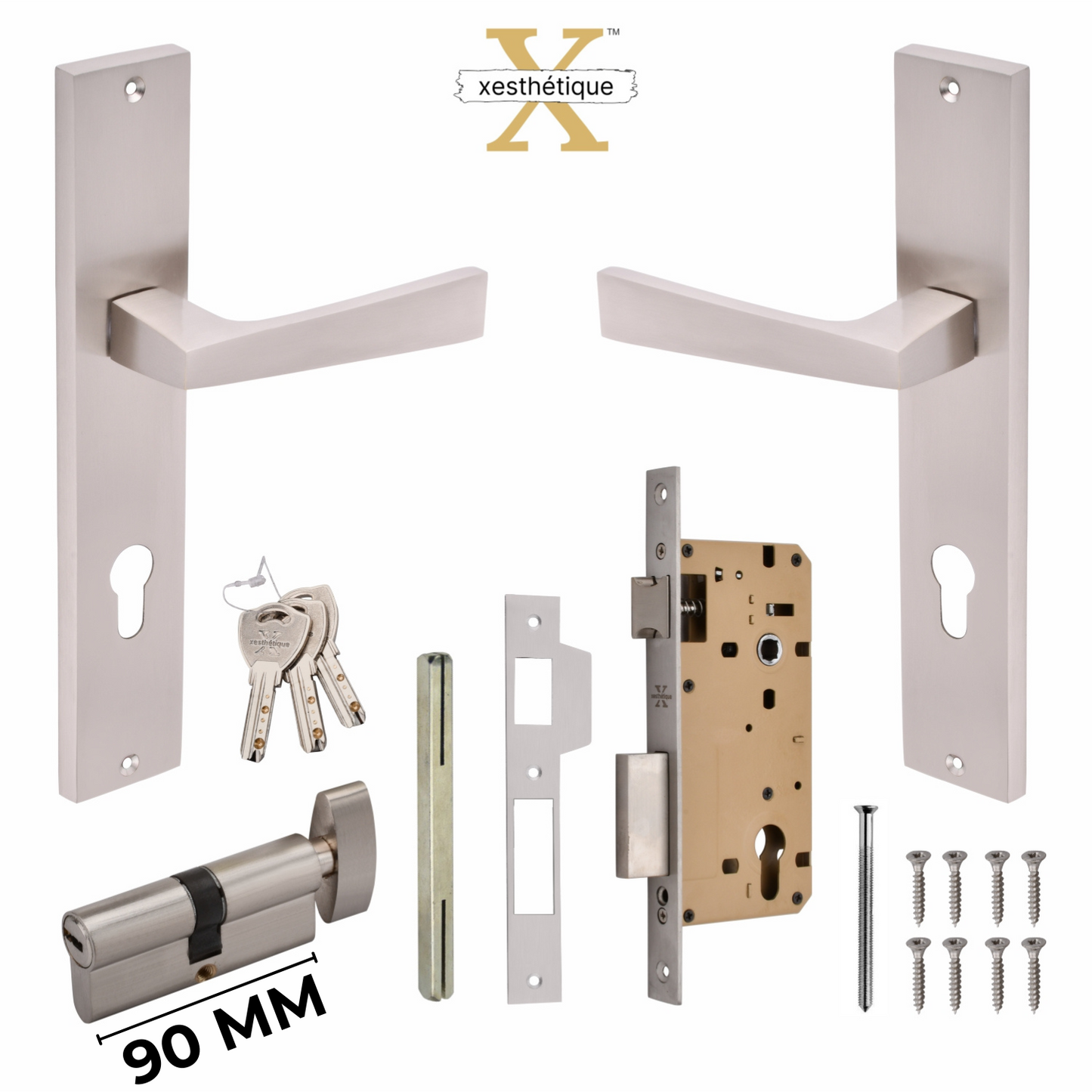 Xesthetique Premium Brass Mortise Door Lock Set – 10" Handle with Secure One Side Nobe Ultra Key 70MM/90MM Pin Cylinder EZRA120