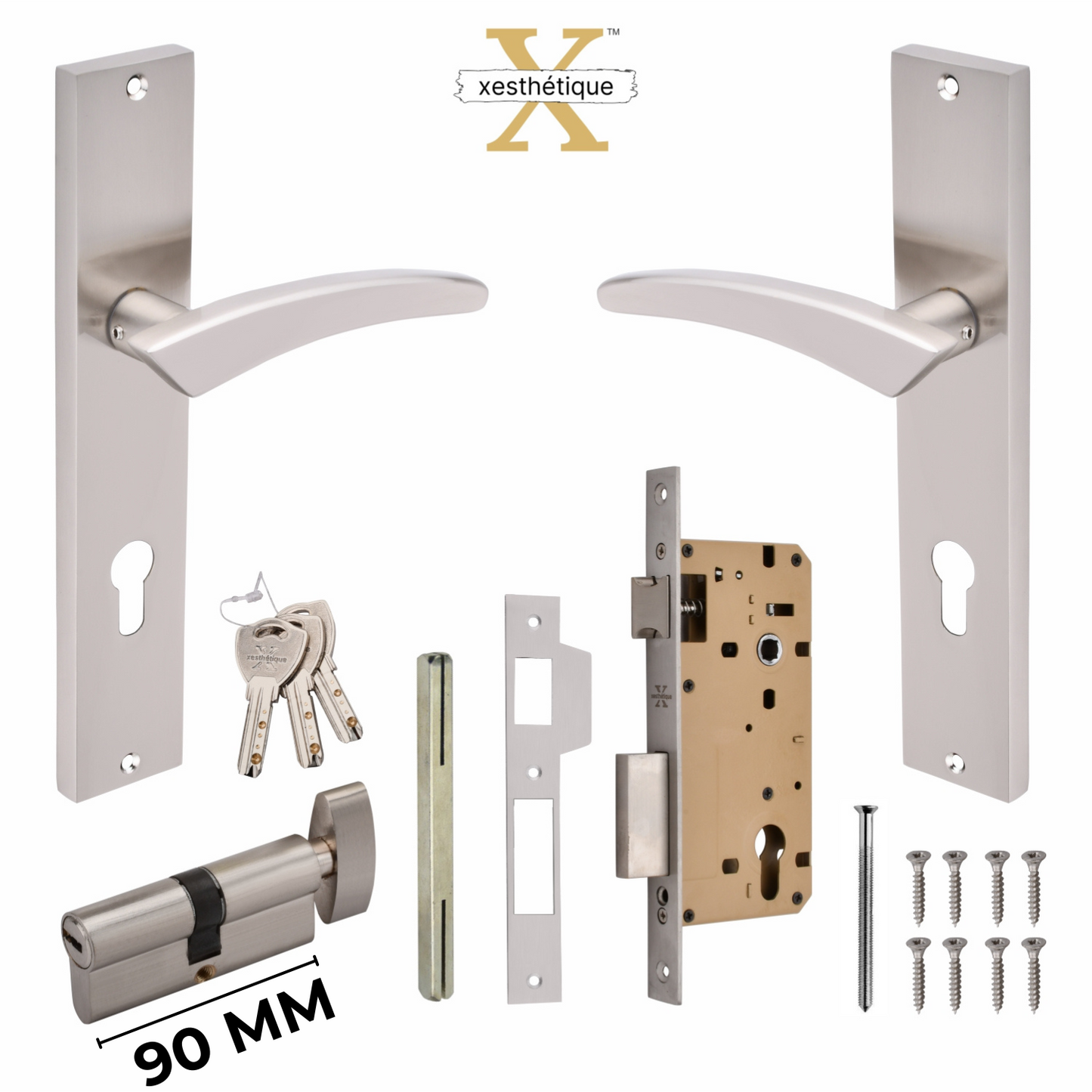 Xesthetique Premium Brass Mortise Door Lock Set – 10" Handle with Secure One Side Nobe Ultra Key 70MM/90MM Pin Cylinder CASP150