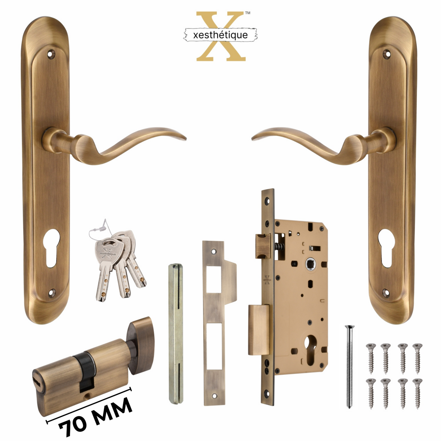 Xesthetique Premium Brass Mortise Door Lock Set – 10" Handle with Secure One Side Nobe Ultra Key 70MM/90MM Pin Cylinder ELE99