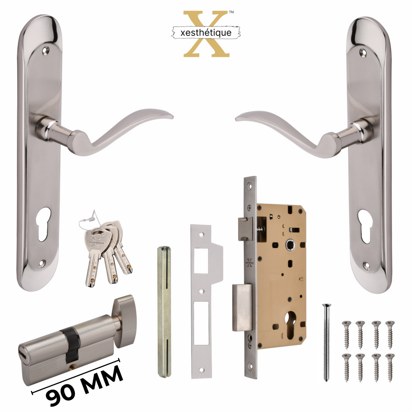 Xesthetique Premium Brass Mortise Door Lock Set – 10" Handle with Secure One Side Nobe Ultra Key 70MM/90MM Pin Cylinder ELE101