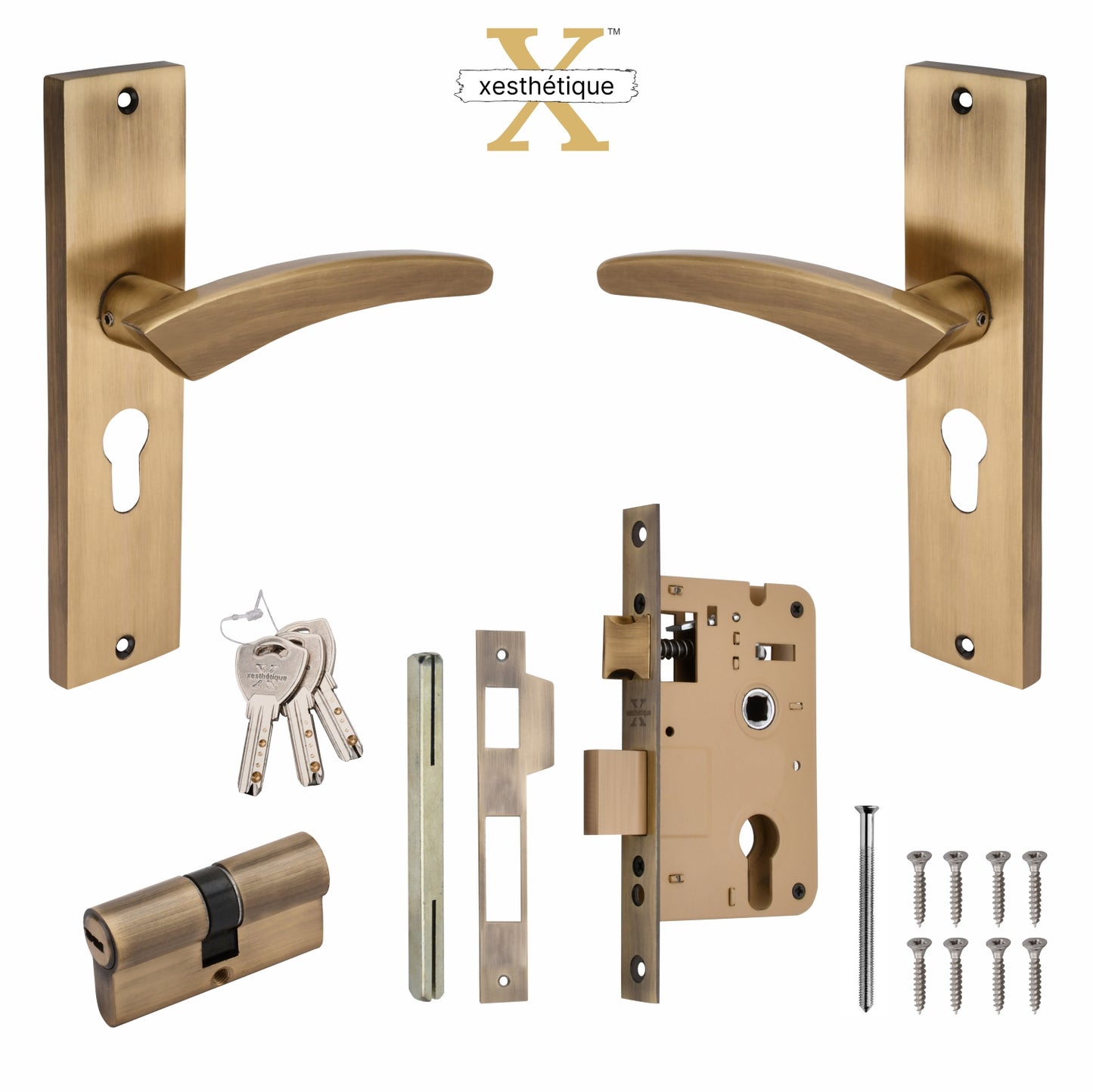 Xesthetique Premium Brass Mortise Door Lock Set – 8" Handle with Secure Both Side Ultra Key Cylinder CASP143