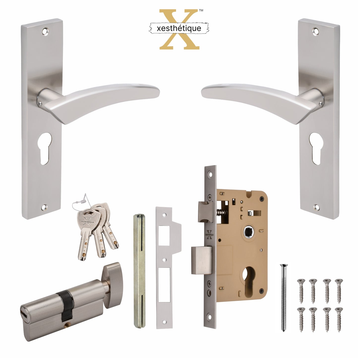Xesthetique Premium Brass Mortise Door Lock Set – 8" Handle with Secure One Side Nobe Ultra Key Cylinder CASP144