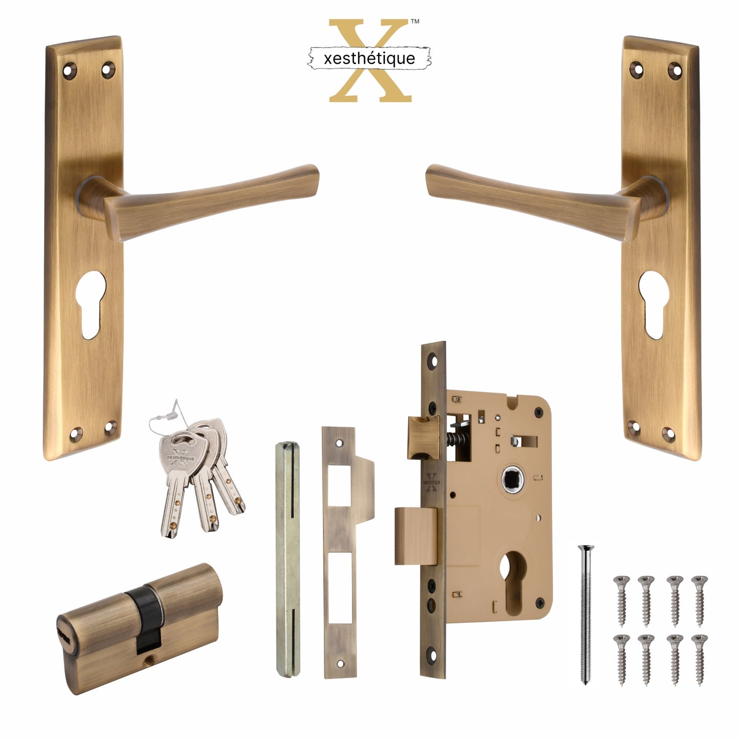 Xesthetique Premium Brass Mortise Door Lock Set – 8" Handle with Secure Both Side Key Cylinder CH14
