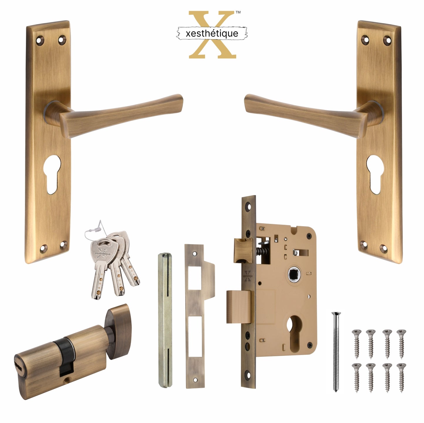 Xesthetique Premium Brass Mortise Door Lock Set – 8" Handle with Secure One Side Nobe Key Cylinder CH15