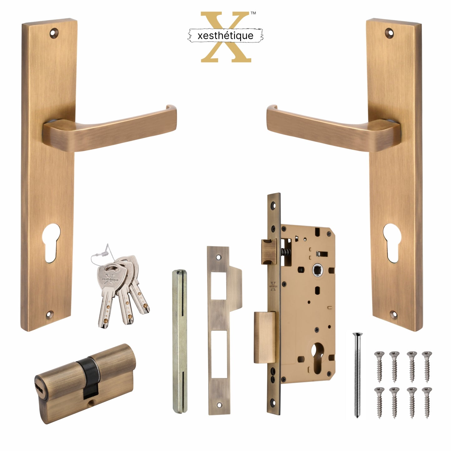 Xesthetique Premium Brass Mortise Door Lock Set – 10" Handle with Secure Both Side Key Cylinder CA54