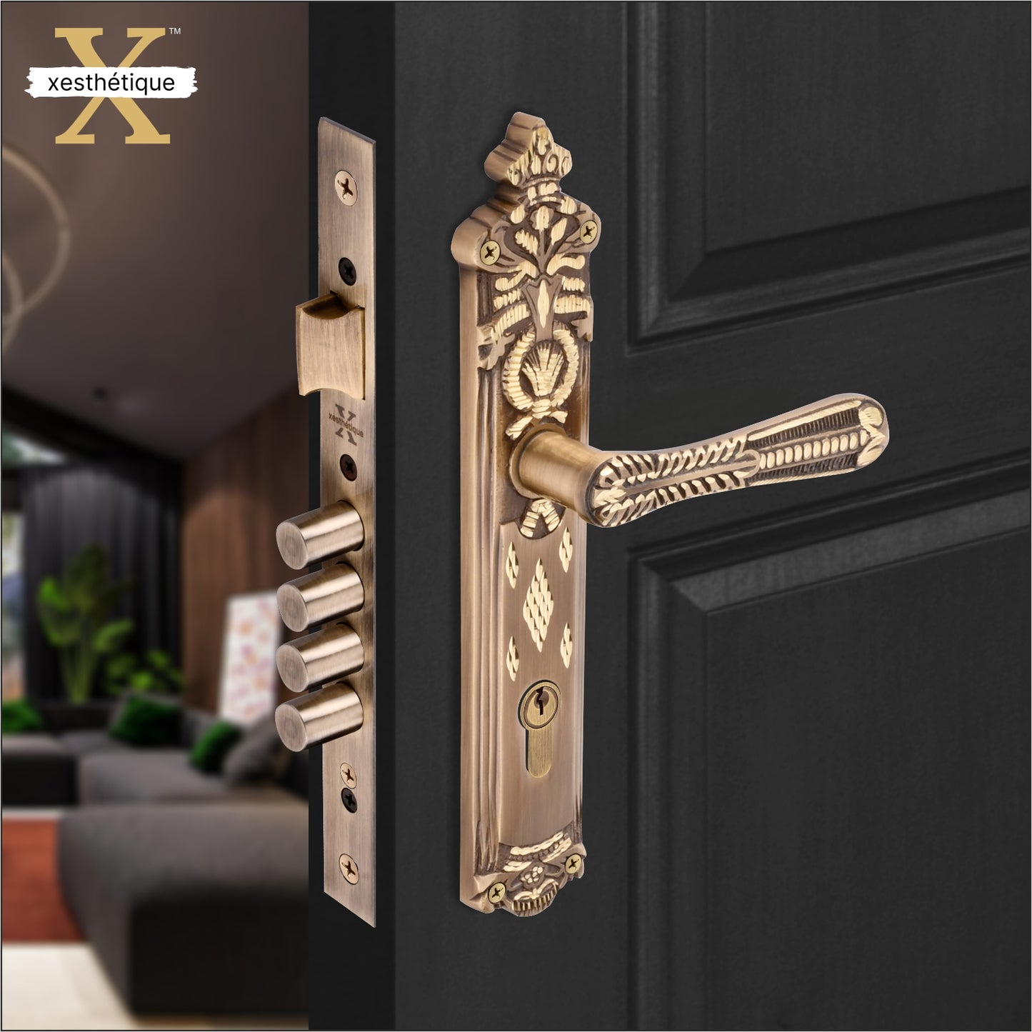 Xesthetique Vintage Brass Mortise Door Lock Set – 10" Handle with Secure 4 Bullet Lock Both Side Ultra Key 70MM/90MM Pin Cylinder CEL89