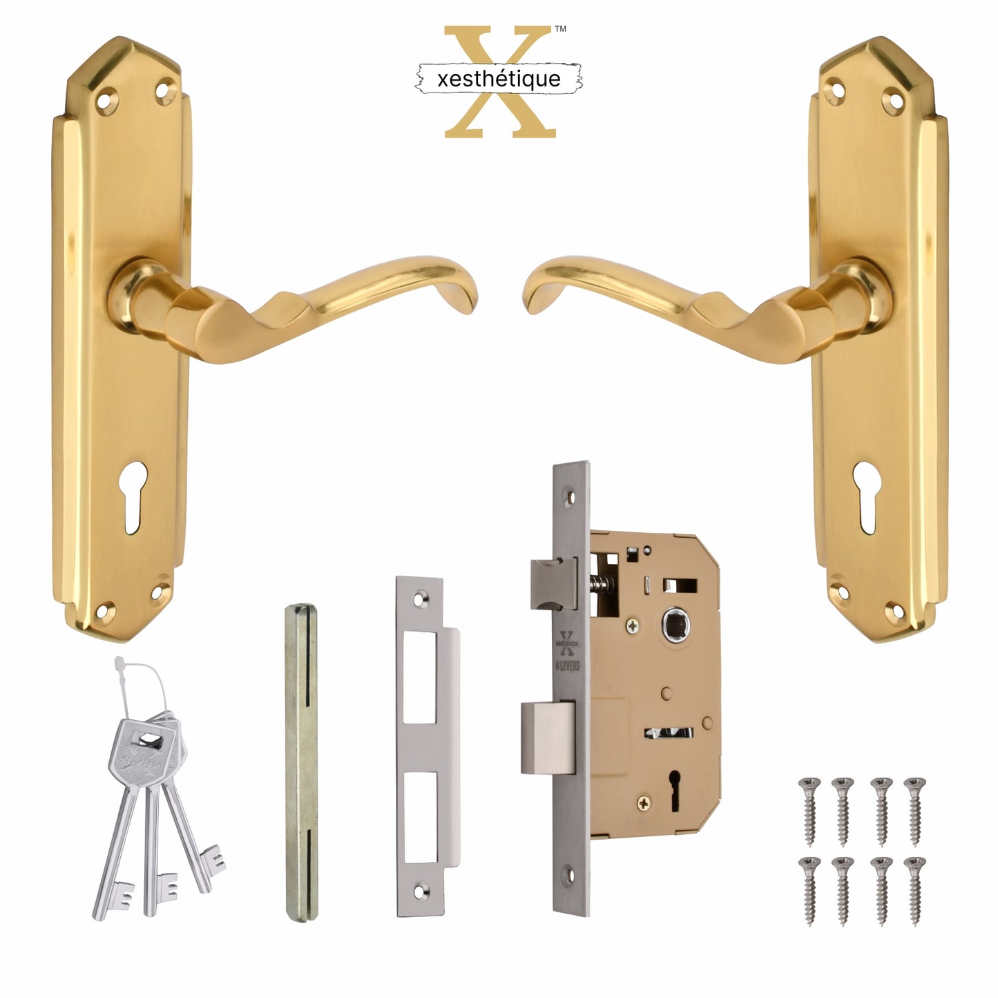 Xesthetique Premium Brass Mortise Door Lock Set – 8" Handle with Secure KY Lock Regular Key EL11