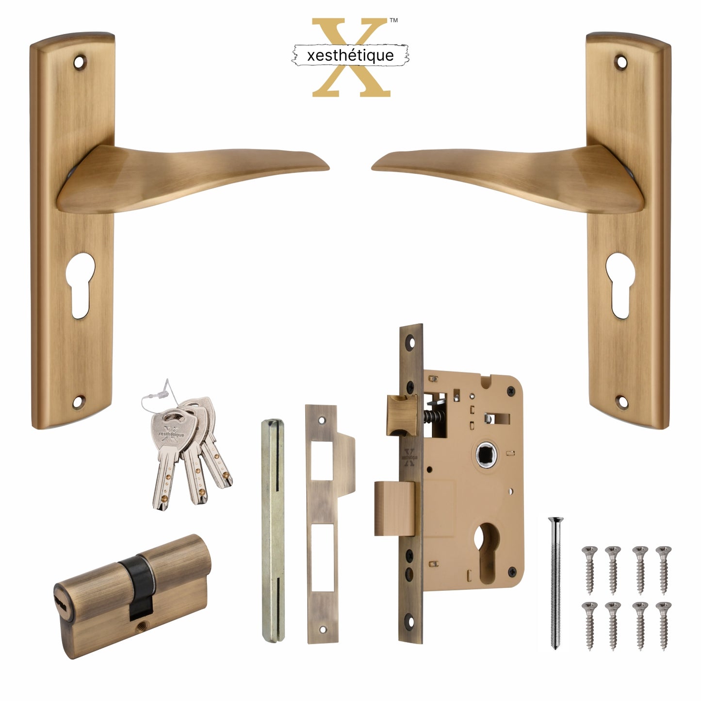 Xesthetique Premium Brass Mortise Door Lock Set – 8" Handle with Secure Both Side Ultra Key Cylinder ESME121
