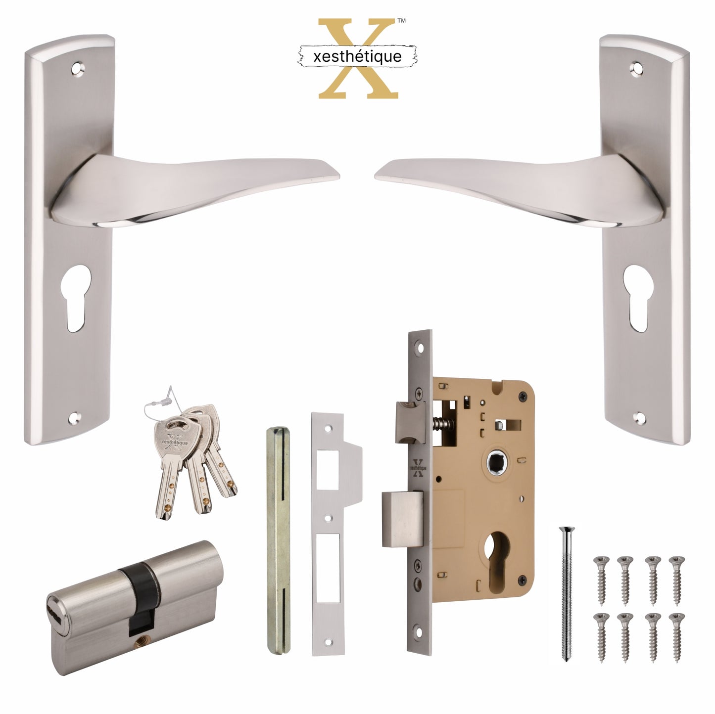 Xesthetique Premium Brass Mortise Door Lock Set – 8" Handle with Secure Both Side Ultra Key Cylinder ESME121