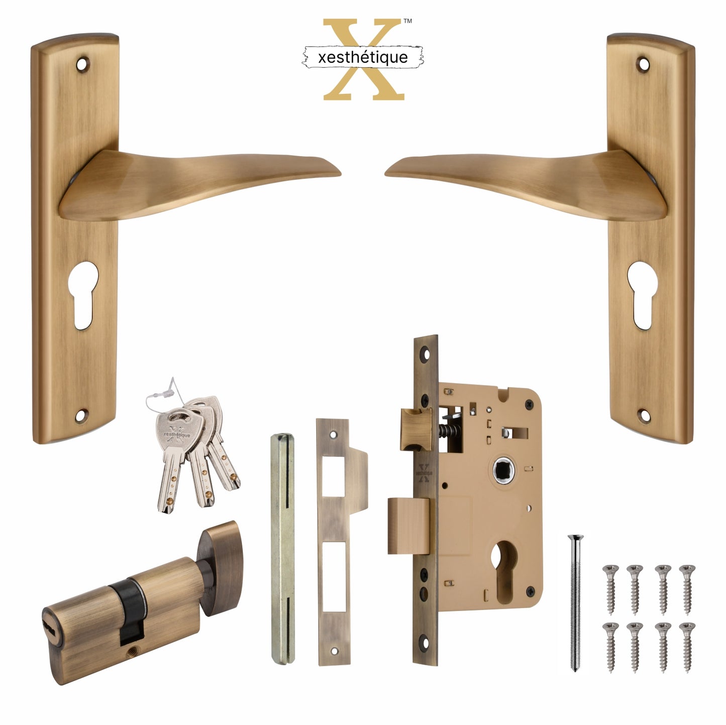 Xesthetique Premium Brass Mortise Door Lock Set – 8" Handle with Secure One Side Nobe Ultra Key Cylinder ESME122