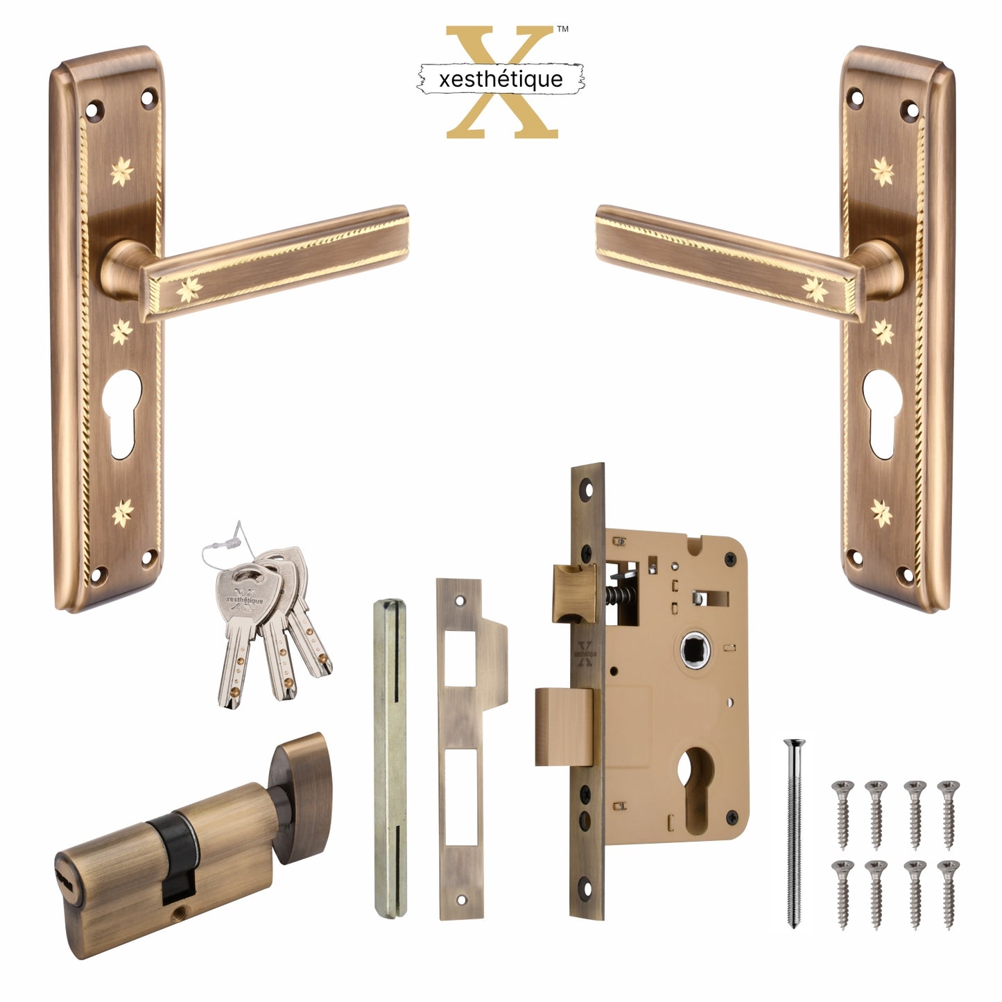 Xesthetique Premium Brass Mortise Door Lock Set – 8" Handle with Secure Both Side Ultra Key/One Side Nobe Ultra Key Cylinder FAU106