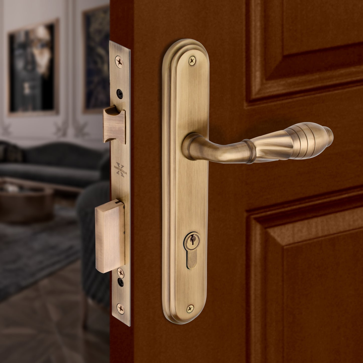 Xesthetique Vintage Brass Mortise Door Lock Set – 10" Handle with Secure Both Side Ultra Key/One Side Nobe Ultra Key Cylinder HE137