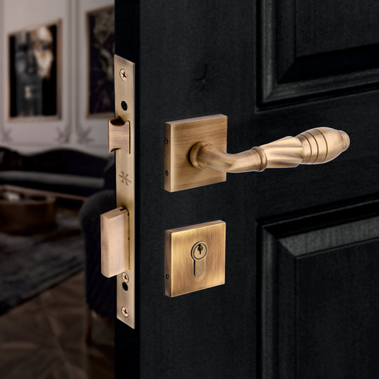 Xesthetique Vintage Brass Rose Door Lock Set – 10" Handle with Secure Both Side Ultra Key/ One Side Nobe Ultra Key Cylinder HE140