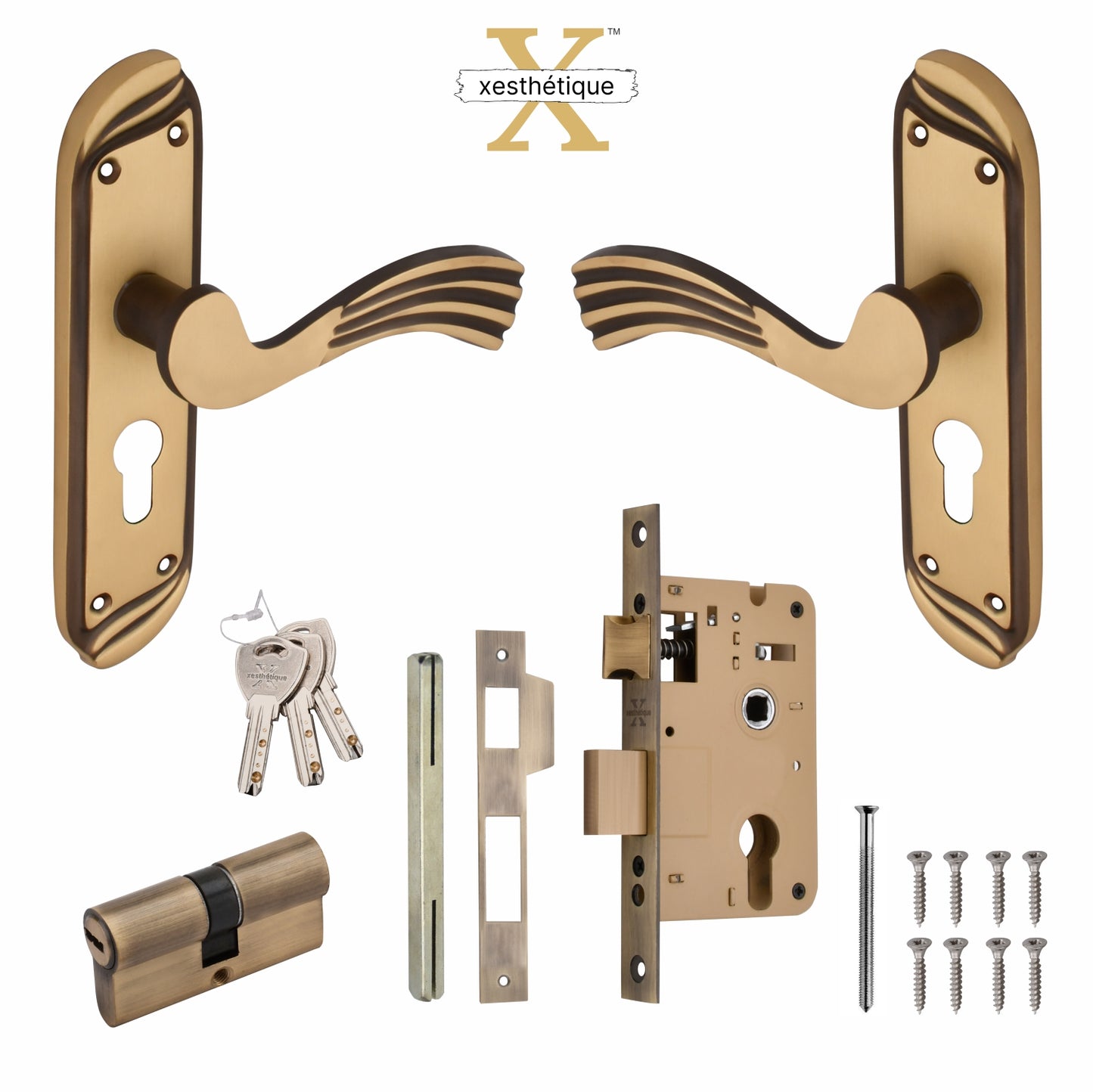 Xesthetique Vintage Brass Mortise Door Lock Set – 8" Handle with Secure Both Side Key Cylinder HU160