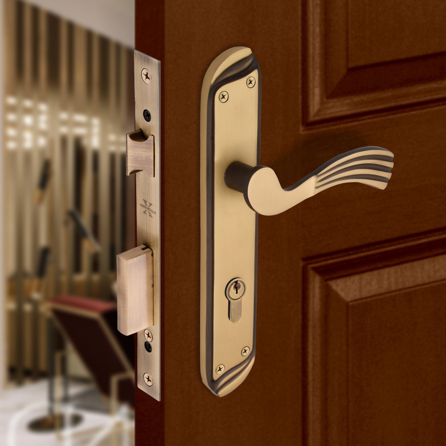 Xesthetique Vintage Brass Mortise Door Lock Set – 10" Handle with Secure Both Side Ultra Key 70MM/90MM Pin Cylinder HU27