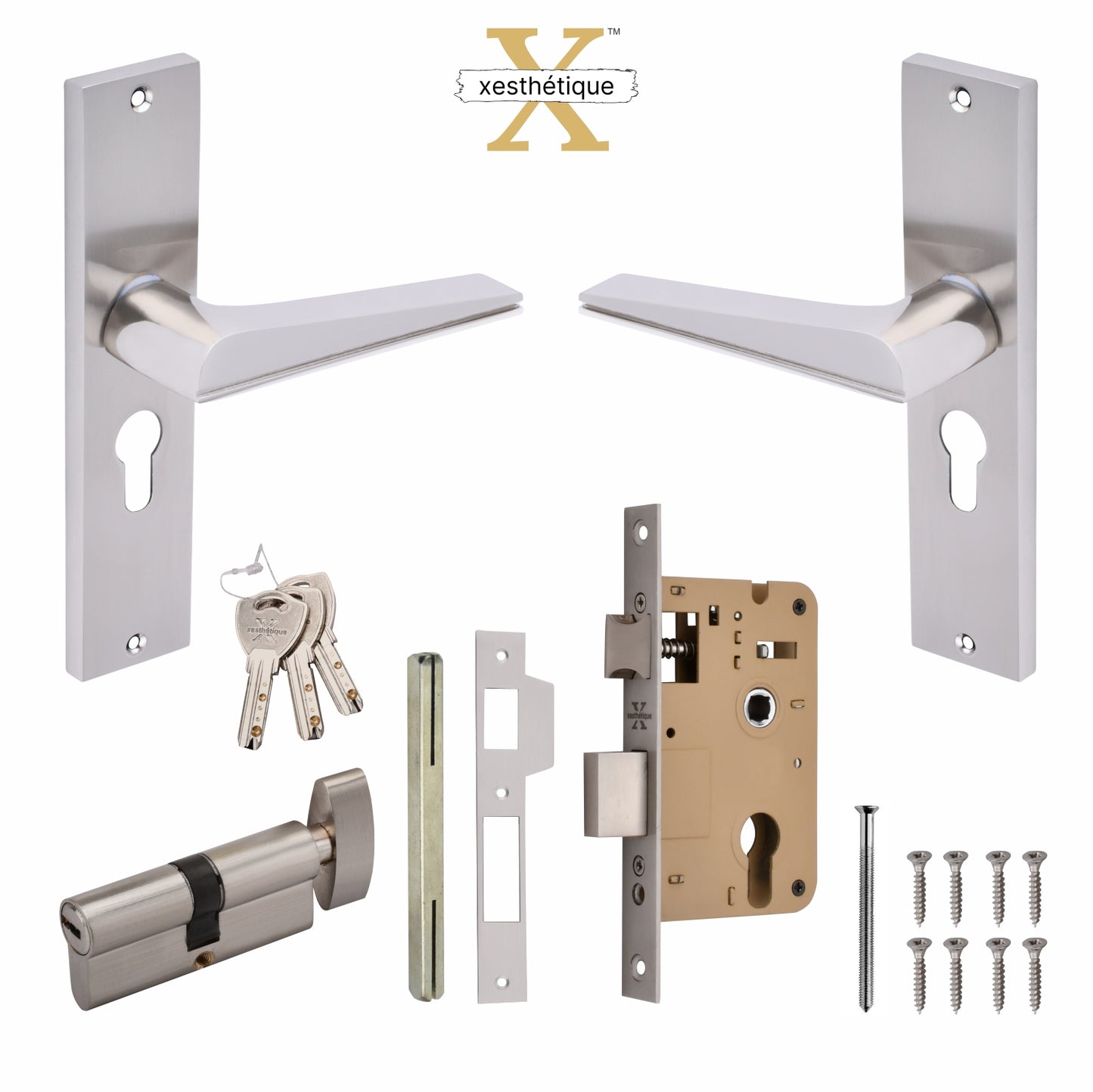 Xesthetique Premium Brass Mortise Door Lock Set – 8" Handle with Secure One Side Nobe Key Cylinder ME41
