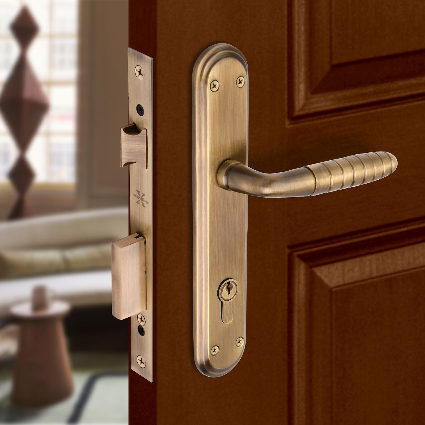 Xesthetique Premium Brass Mortise Door Lock Set – 10" Handle with Secure One Side Nobe Ultra Key Cylinder PR178