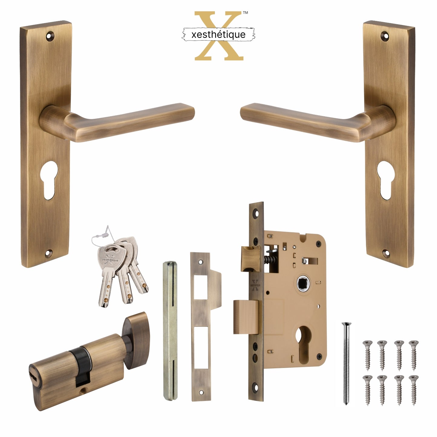 Xesthetique Premium Brass Mortise Door Lock Set – 8" Handle with Secure One Side Nobe Key Cylinder TH02
