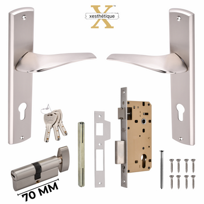 Xesthetique Premium Brass Mortise Door Lock Set – 10" Handle with Secure One Side Nobe Ultra Key 70MM/90MM Pin Cylinder ESME128