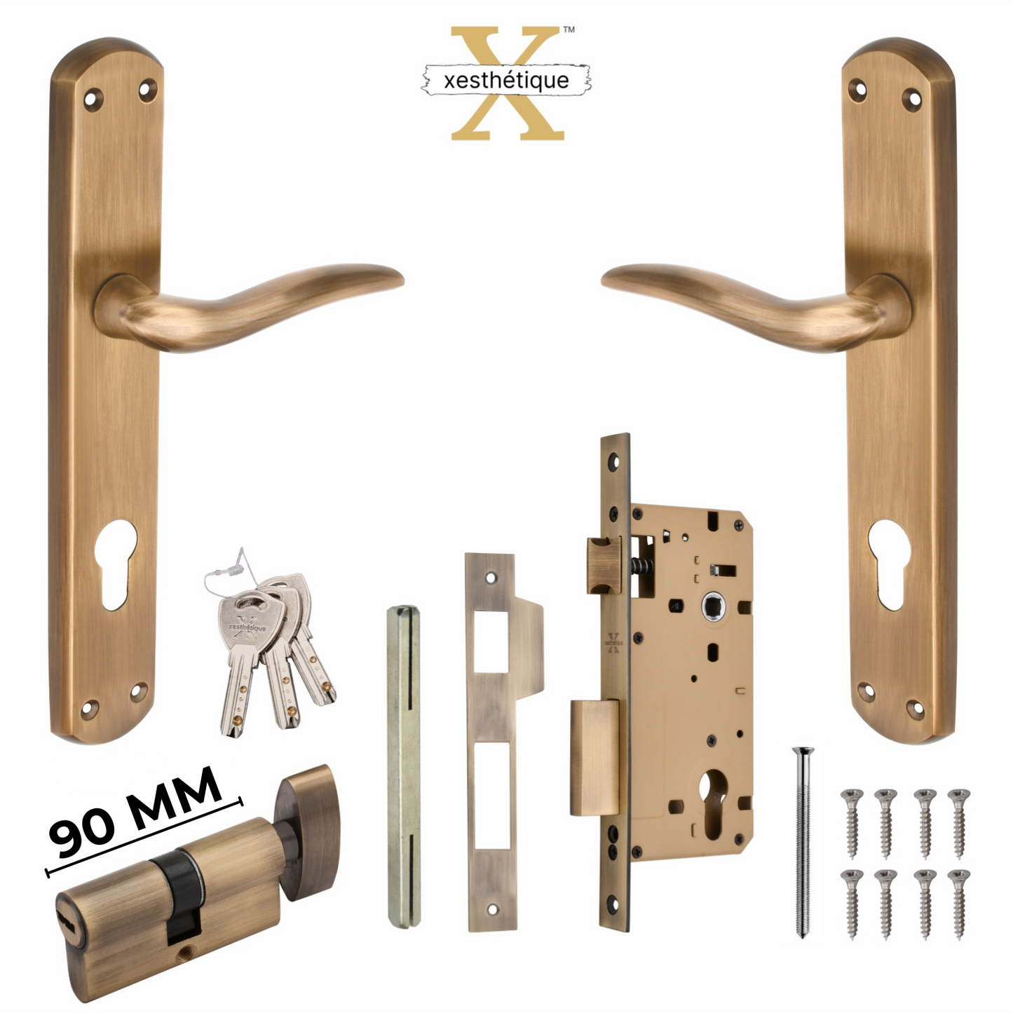Xesthetique Premium Brass Mortise Door Lock Set – 10" Handle with Secure One Side Nobe Ultra Key 70MM/90MM Pin Cylinder FAU110