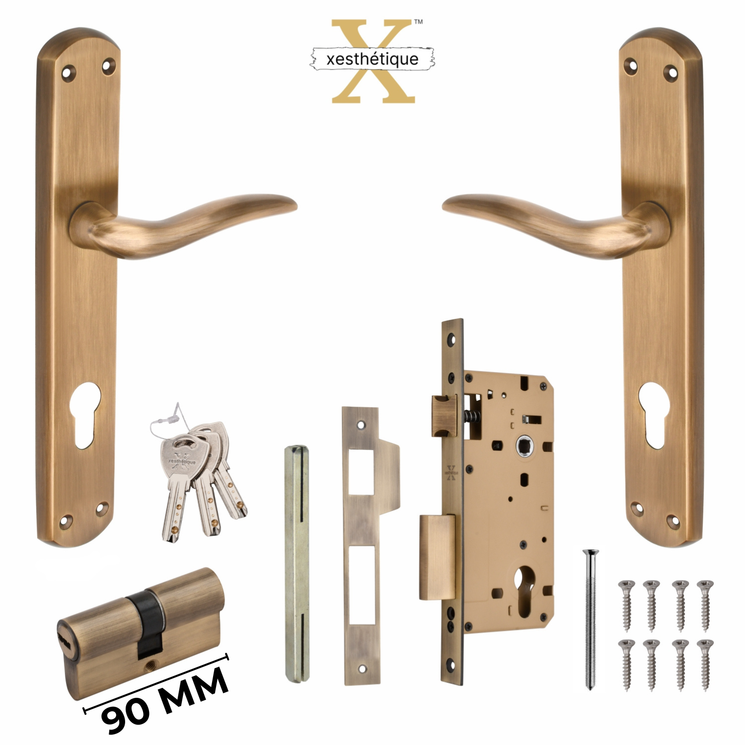 Xesthetique Premium Brass Mortise Door Lock Set – 10" Handle with Secure Both Side Ultra Key 70MM/90MM Pin Cylinder FAU109
