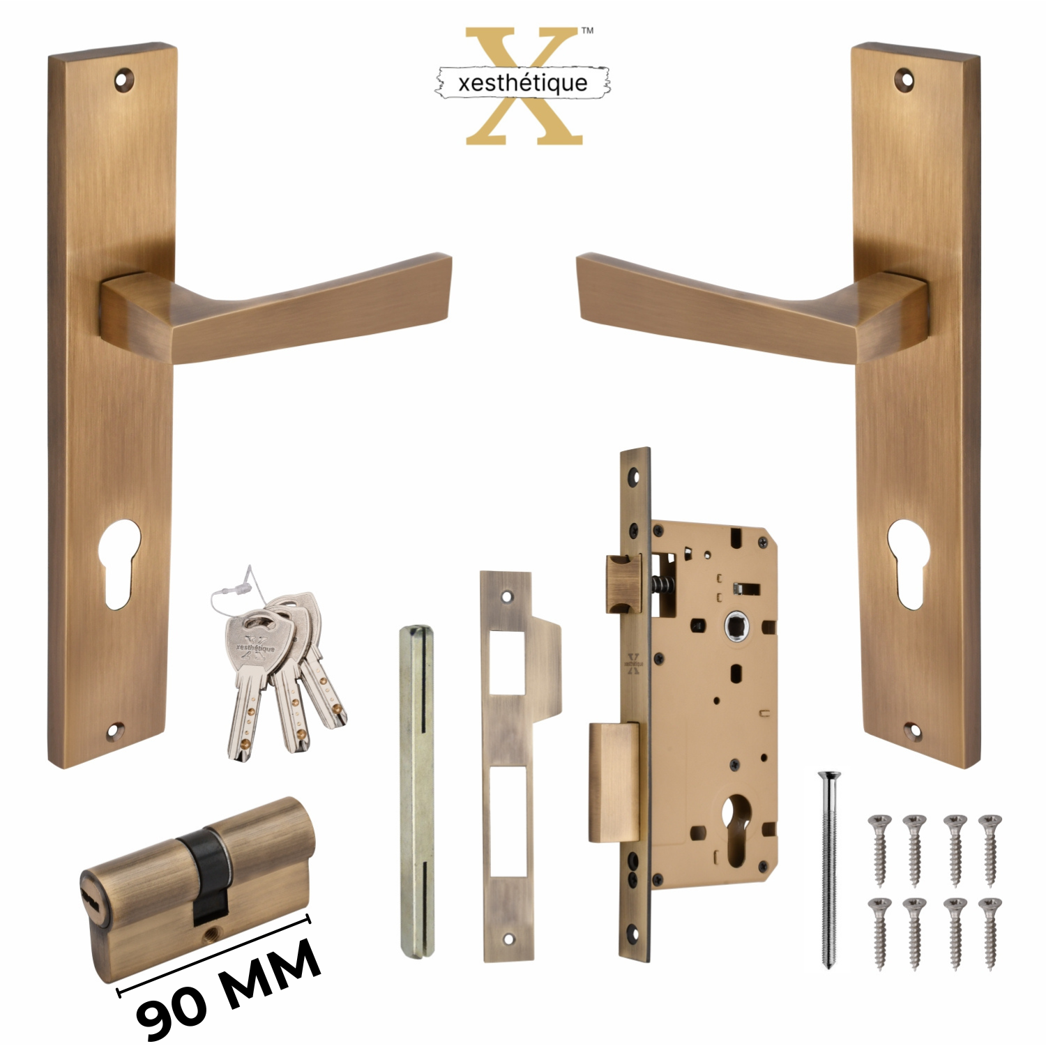 Xesthetique Premium Brass Mortise Door Lock Set – 10" Handle with Secure Both Side Ultra Key 70MM/90MM Pin Cylinder EZRA117