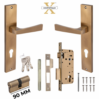 Xesthetique Premium Brass Mortise Door Lock Set – 10" Handle with Secure Both Side Ultra Key 70MM/90MM Pin Cylinder EZRA117