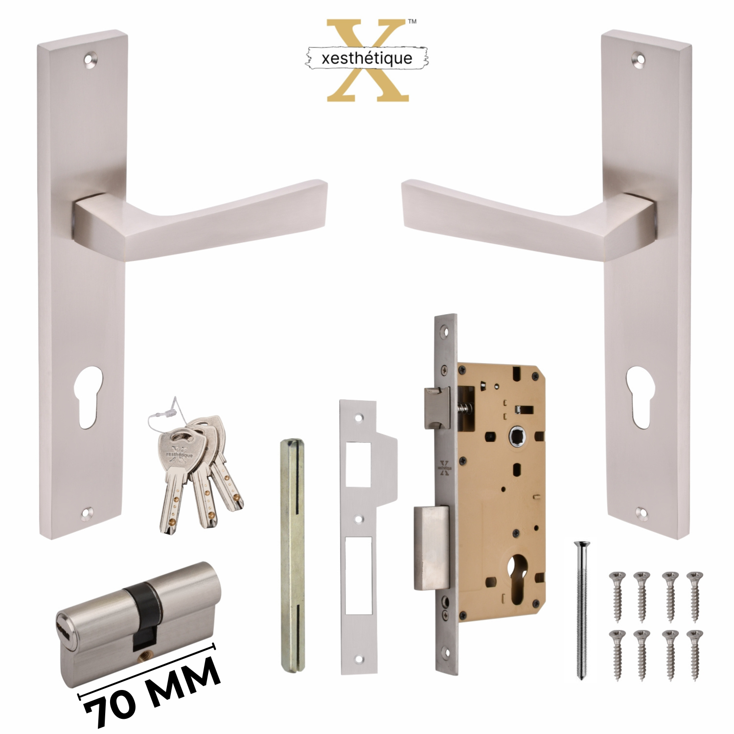 Xesthetique Premium Brass Mortise Door Lock Set – 10" Handle with Secure Both Side Ultra Key 70MM/90MM Pin Cylinder EZRA119