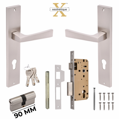 Xesthetique Premium Brass Mortise Door Lock Set – 10" Handle with Secure Both Side Ultra Key 70MM/90MM Pin Cylinder EZRA119