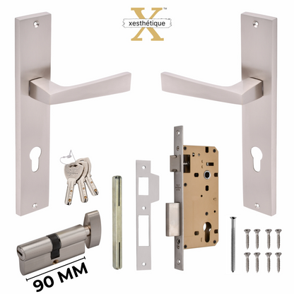 Xesthetique Premium Brass Mortise Door Lock Set – 10" Handle with Secure One Side Nobe Ultra Key 70MM/90MM Pin Cylinder EZRA120