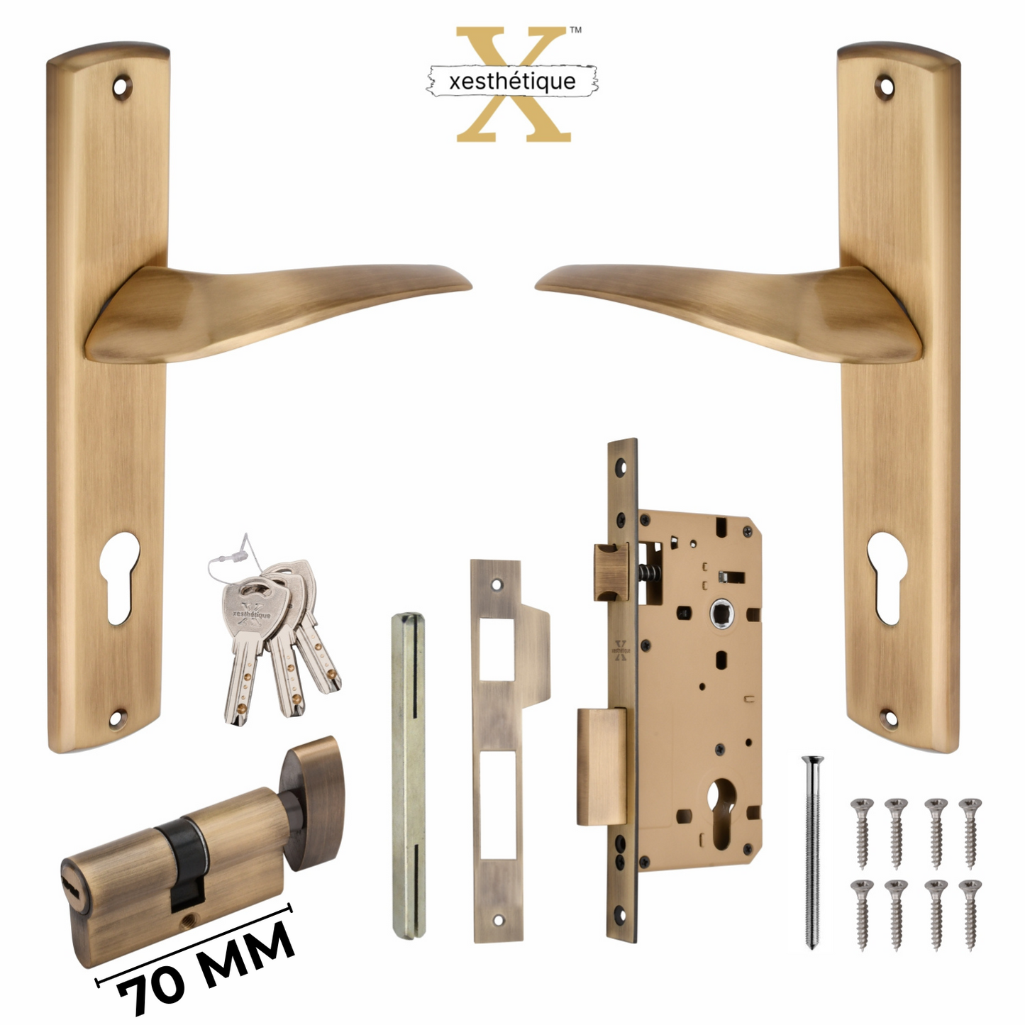 Xesthetique Premium Brass Mortise Door Lock Set – 10" Handle with Secure One Side Nobe Ultra Key 70MM/90MM Pin Cylinder ESME126