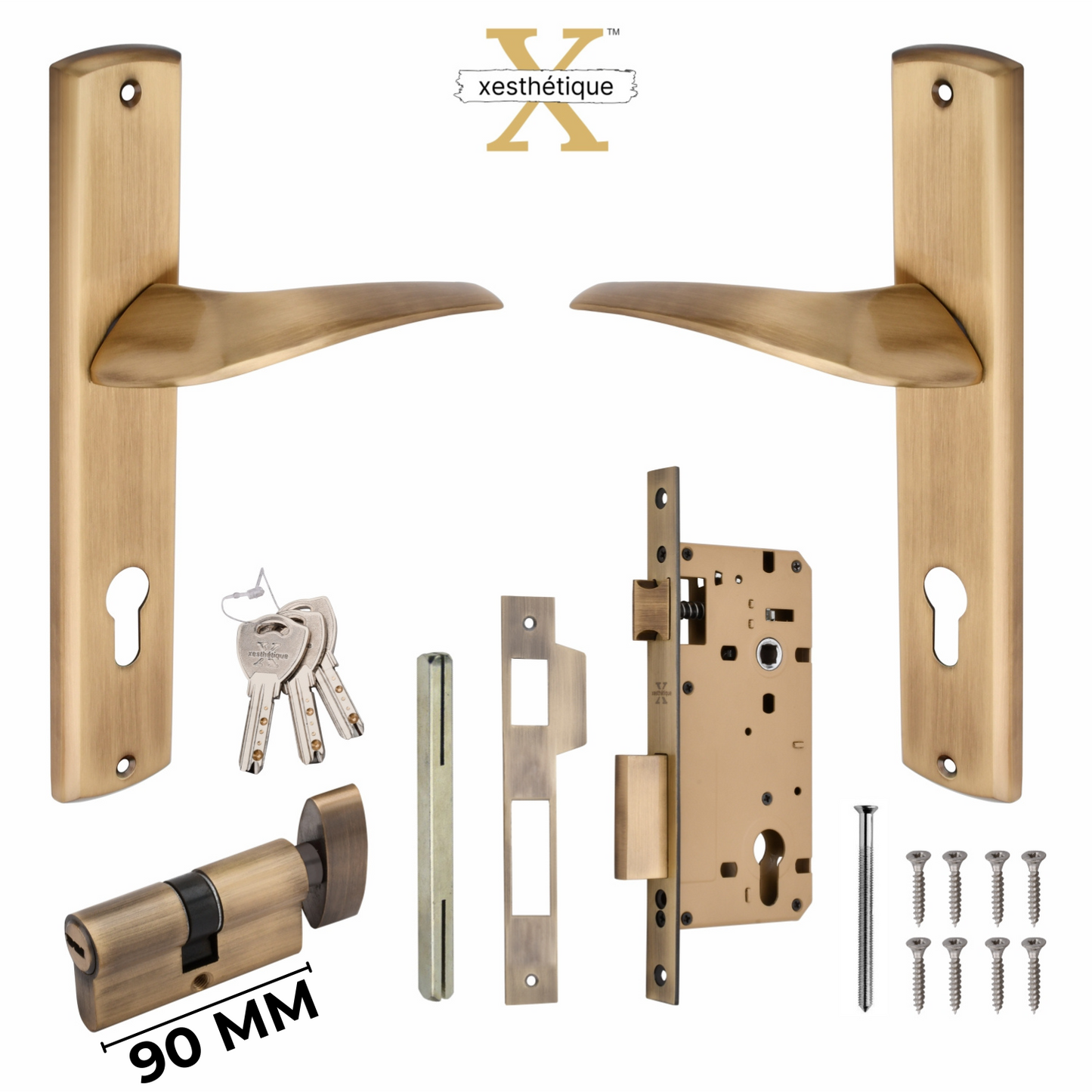 Xesthetique Premium Brass Mortise Door Lock Set – 10" Handle with Secure One Side Nobe Ultra Key 70MM/90MM Pin Cylinder ESME126