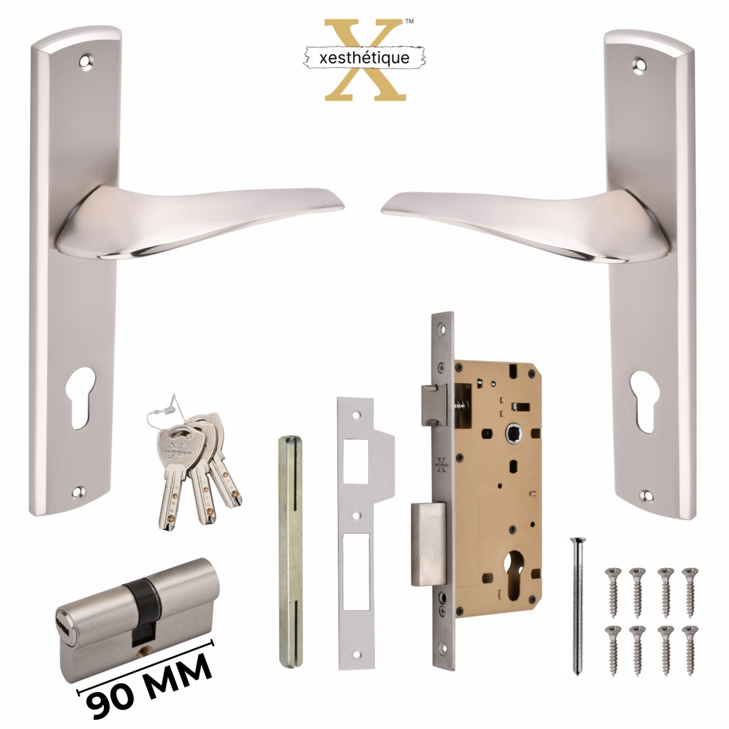 Xesthetique Premium Brass Mortise Door Lock Set – 10" Handle with Secure Both Side Ultra Key 70MM/90MM Pin Cylinder ESME127
