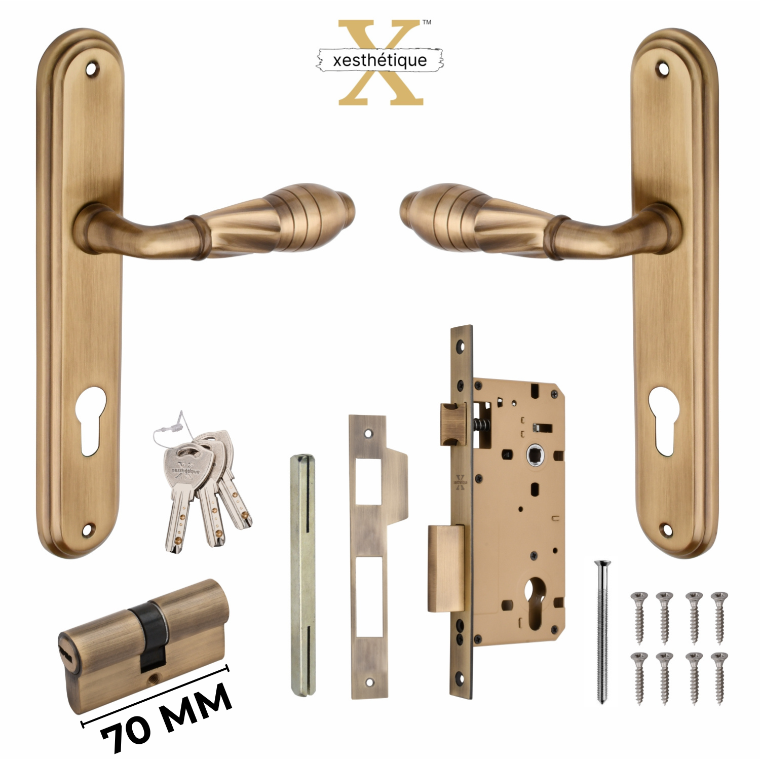 Xesthetique Vintage Brass Mortise Door Lock Set – 10" Handle with Secure Both Side Ultra Key 70MM/90MM Pin Cylinder HE138