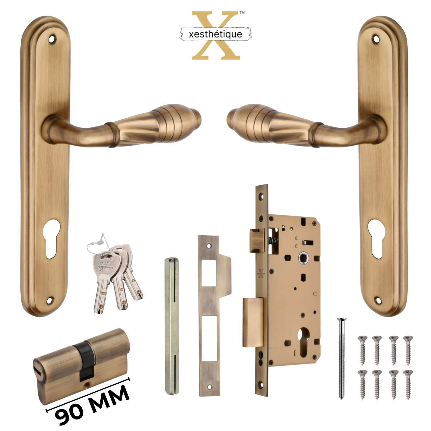 Xesthetique Vintage Brass Mortise Door Lock Set – 10" Handle with Secure Both Side Ultra Key 70MM/90MM Pin Cylinder HE138