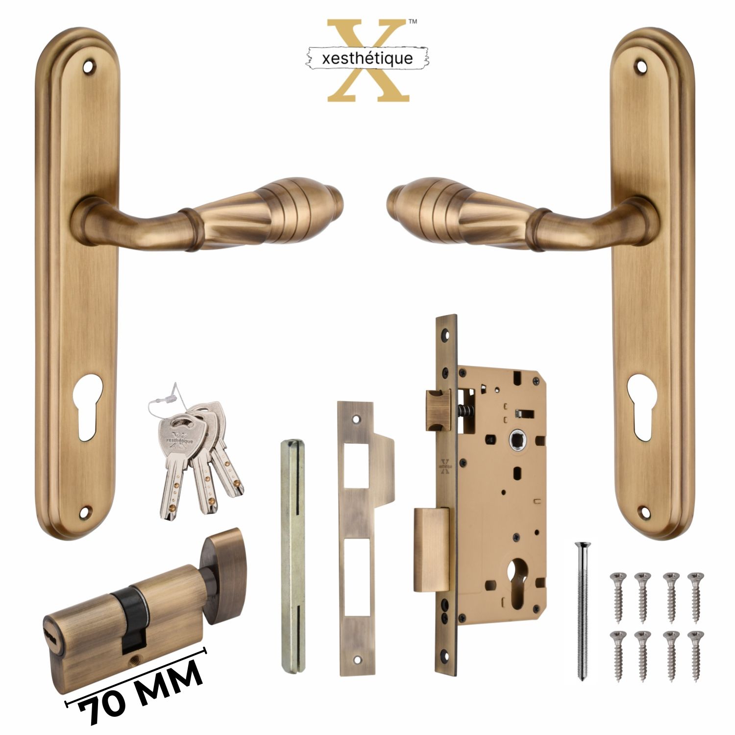 Xesthetique Vintage Brass Mortise Door Lock Set – 10" Handle with Secure One Side Nobe Ultra Key 70MM/90MM Pin Cylinder HE139