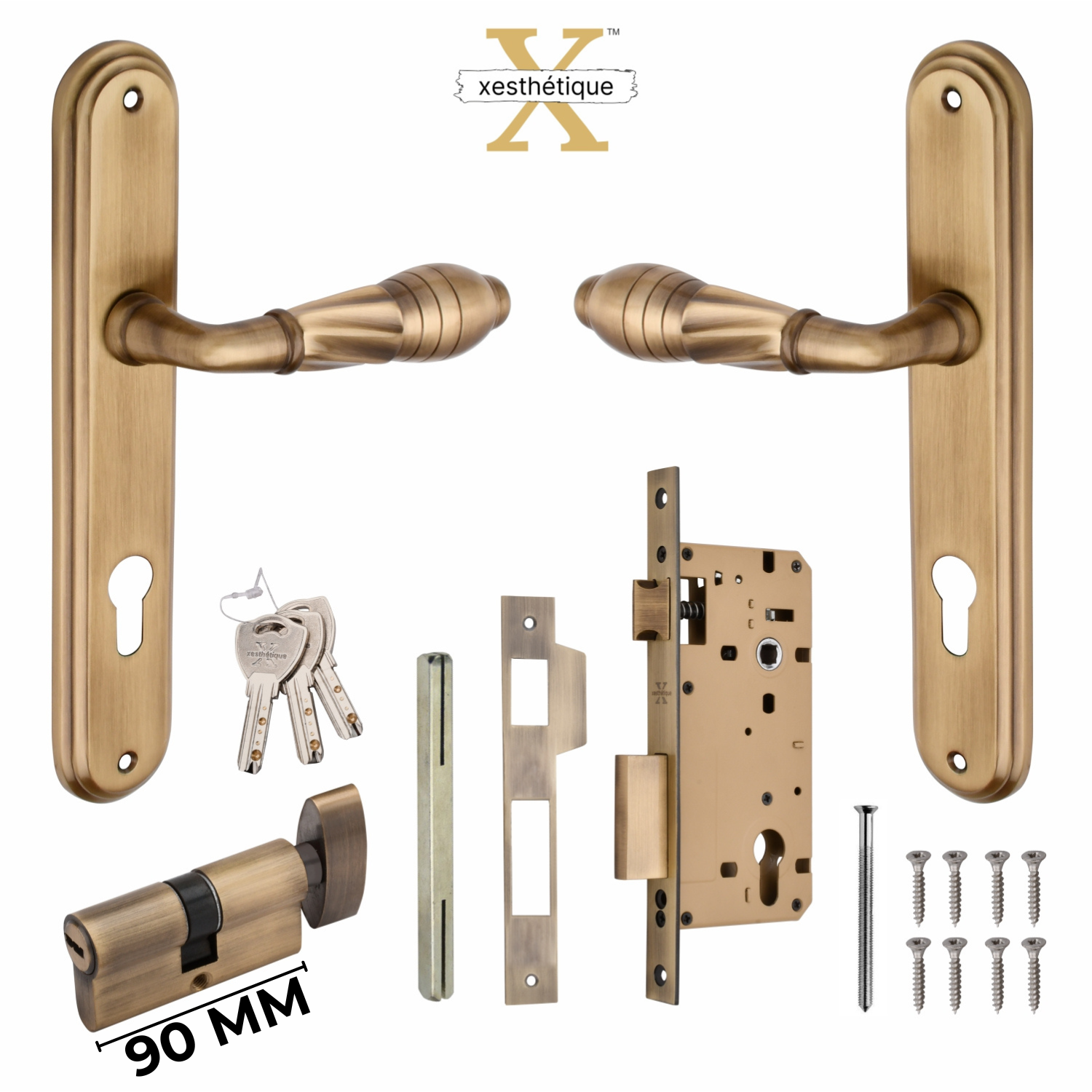 Xesthetique Vintage Brass Mortise Door Lock Set – 10" Handle with Secure One Side Nobe Ultra Key 70MM/90MM Pin Cylinder HE139
