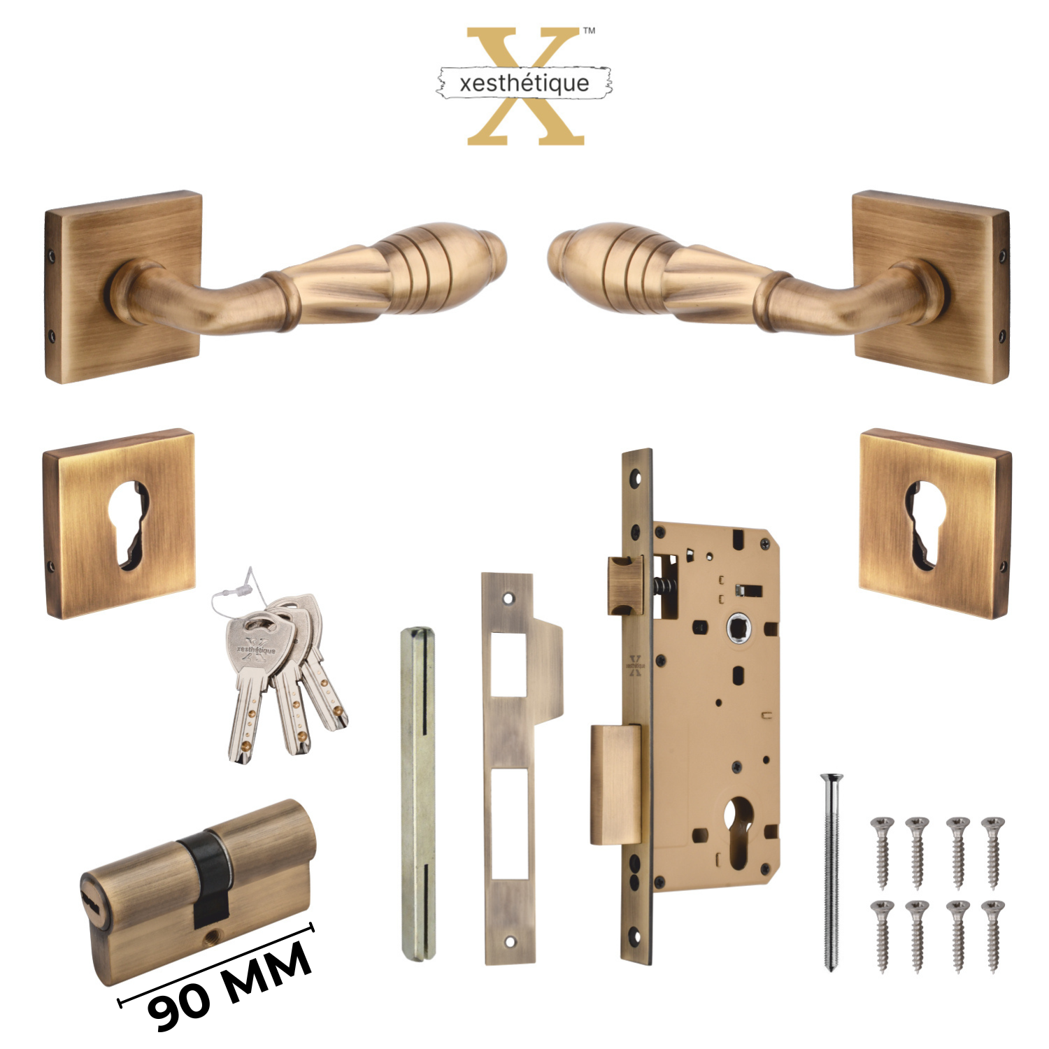 Xesthetique Vintage Brass Rose Door Lock Set – 10" Handle with Secure Both Side Ultra Key 70MM/90MM Pin Cylinder HE141