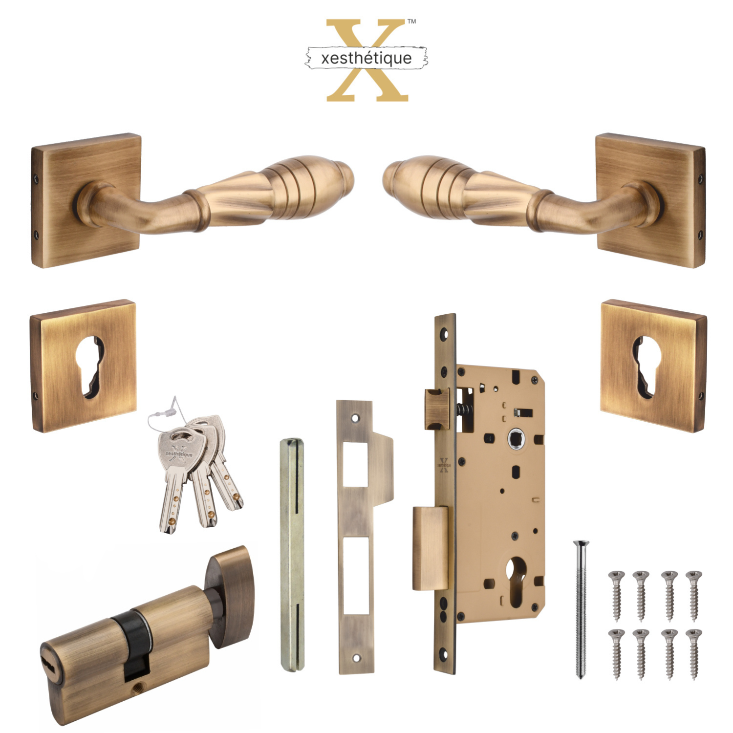 Xesthetique Vintage Brass Rose Door Lock Set – 10" Handle with Secure Both Side Ultra Key/ One Side Nobe Ultra Key Cylinder HE140