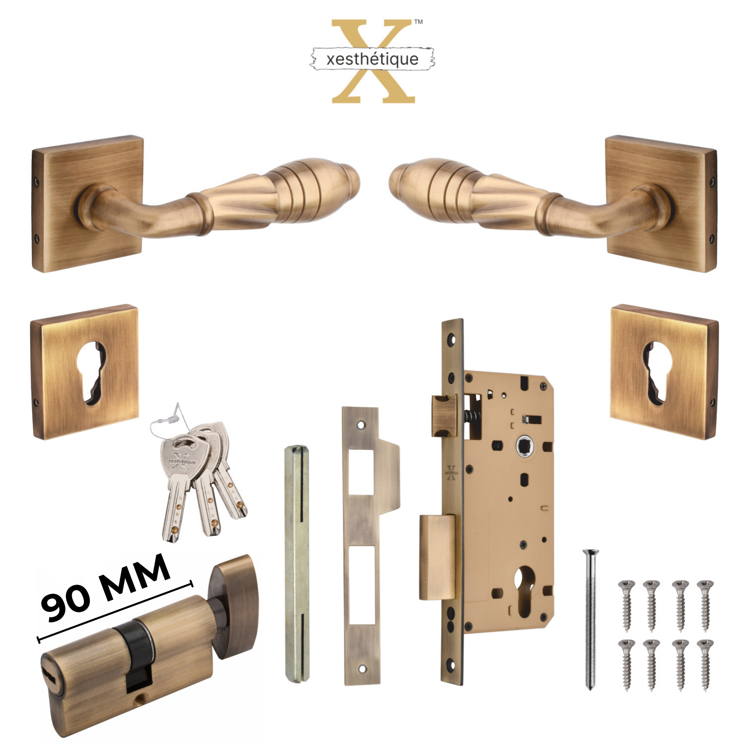 Xesthetique Vintage Brass Rose Door Lock Set – 10" Handle with Secure One Side Nobe Ultra Key 70MM/90MM Pin Cylinder HE142