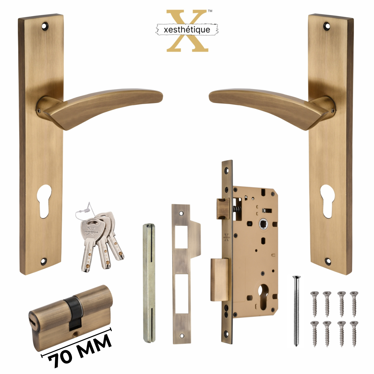 Xesthetique Premium Brass Mortise Door Lock Set – 10" Handle with Secure Both Side Ultra Key 70MM/90MM Pin Cylinder CASP147