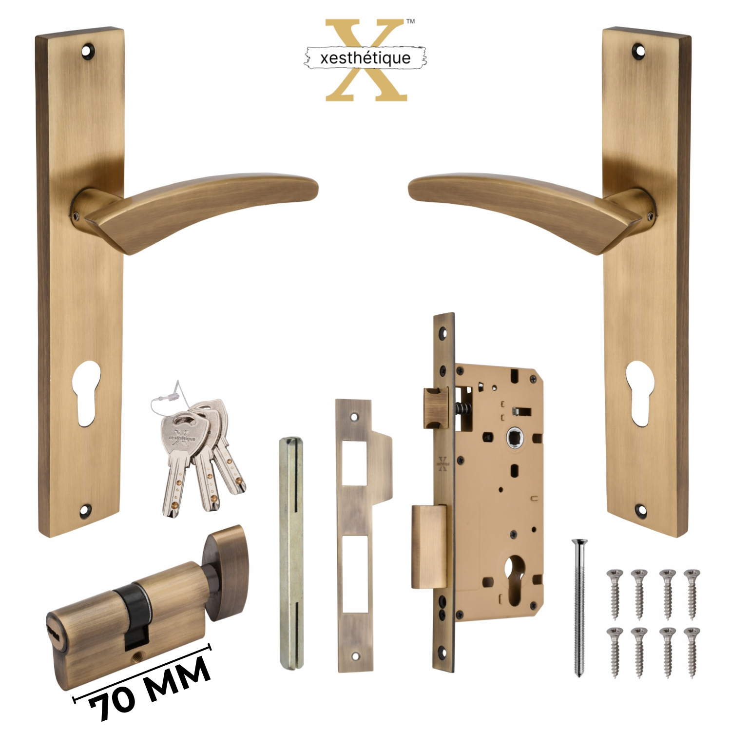 Xesthetique Premium Brass Mortise Door Lock Set – 10" Handle with Secure One Side Nobe Ultra Key 70MM/90MM Pin Cylinder CASP148