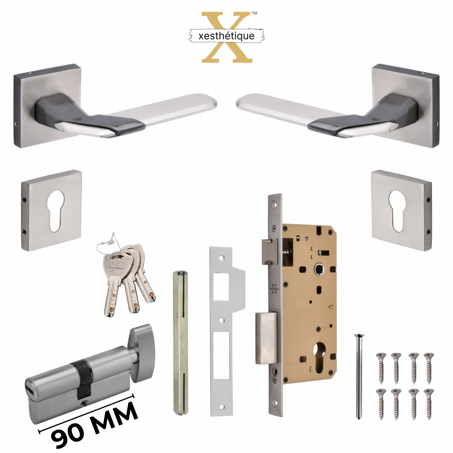 Xesthetique Morden Zinc Rose Door Lock Set – 10" Handle with Secure One Side Nobe Key 70MM/90MM Pin Cylinder MAR157