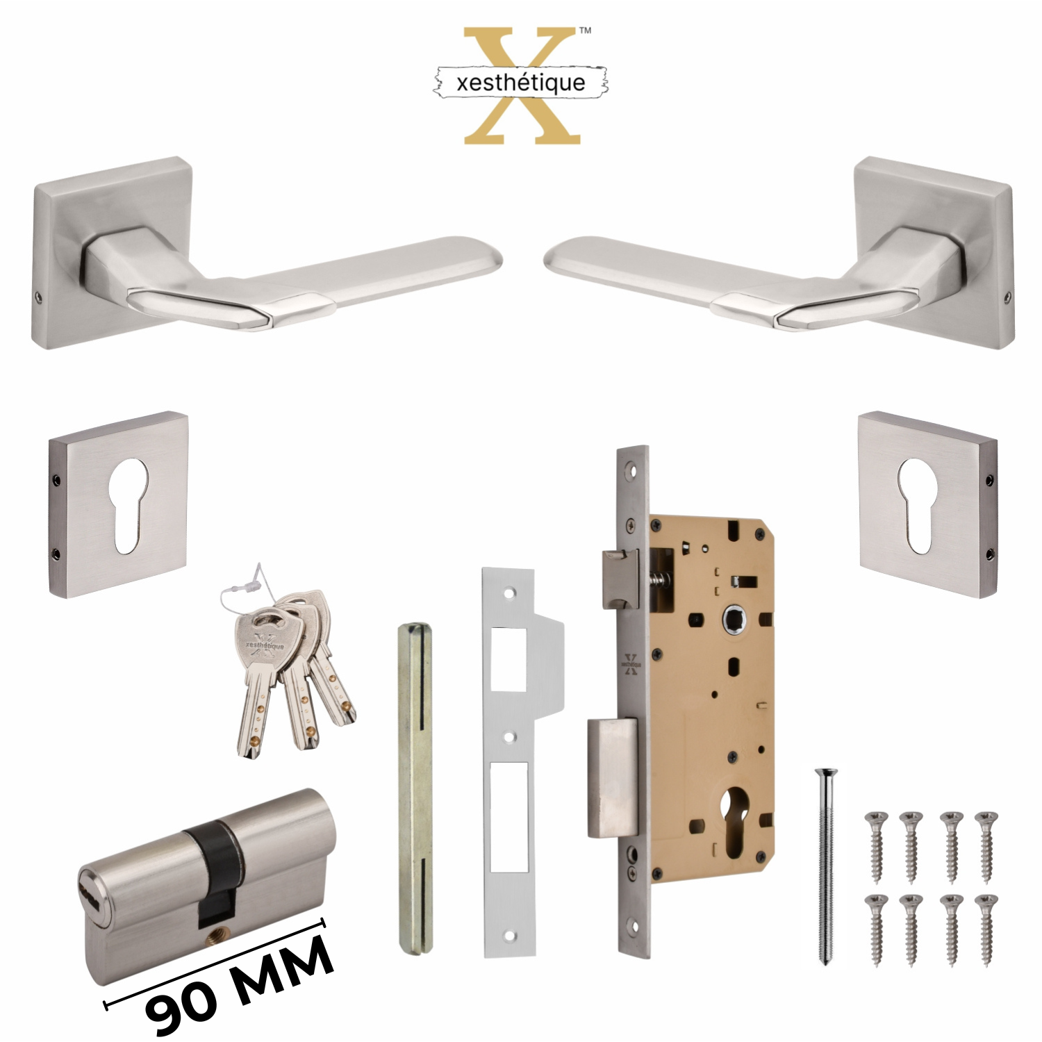 Xesthetique Morden Zinc Rose Door Lock Set – 10" Handle with Secure Both Side Key 70MM/90MM Pin Cylinder MAR158