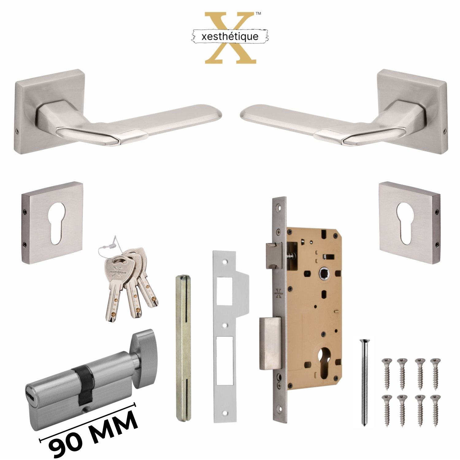 Xesthetique Morden Zinc Rose Door Lock Set – 10" Handle with Secure One Side Nobe Key 70MM/90MM Pin Cylinder MAR159