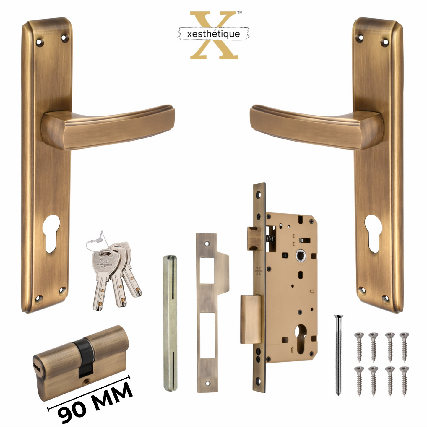 Xesthetique Premium Brass Mortise Door Lock Set – 10" Handle with Secure Both Side Ultra Key 70MM/90MM Pin Cylinder MAR163