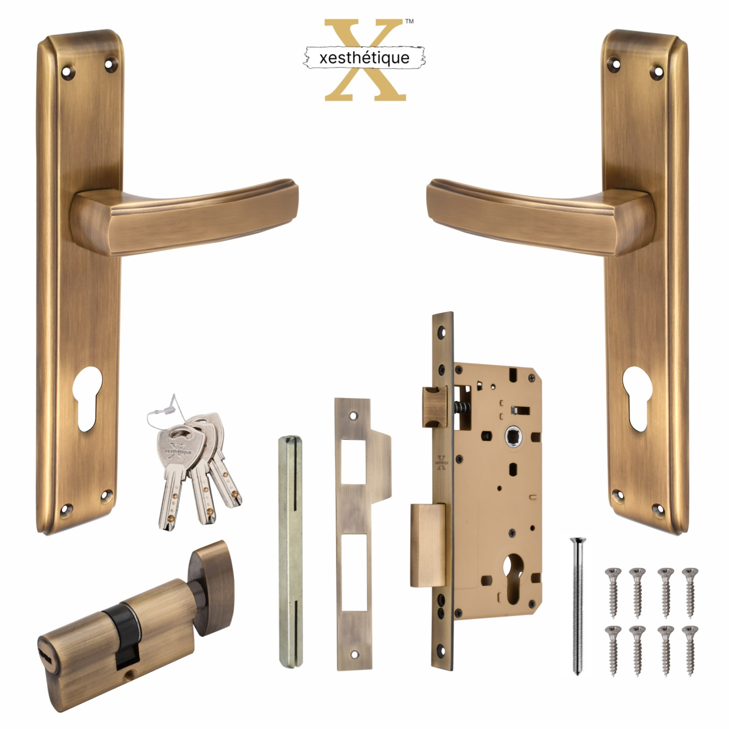 Xesthetique Premium Brass Mortise Door Lock Set – 10" Handle with Secure Both Side Ultra Key/ One Side Nobe Ultra Key Cylinder MAR162