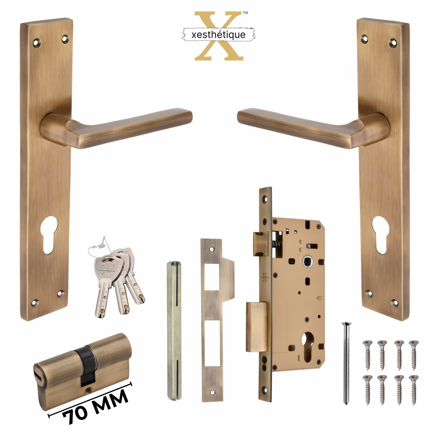 Xesthetique Premium Brass Mortise Door Lock Set – 10" Handle with Secure Both Side Ultra Key 70MM/90MM Pin Cylinder TH165